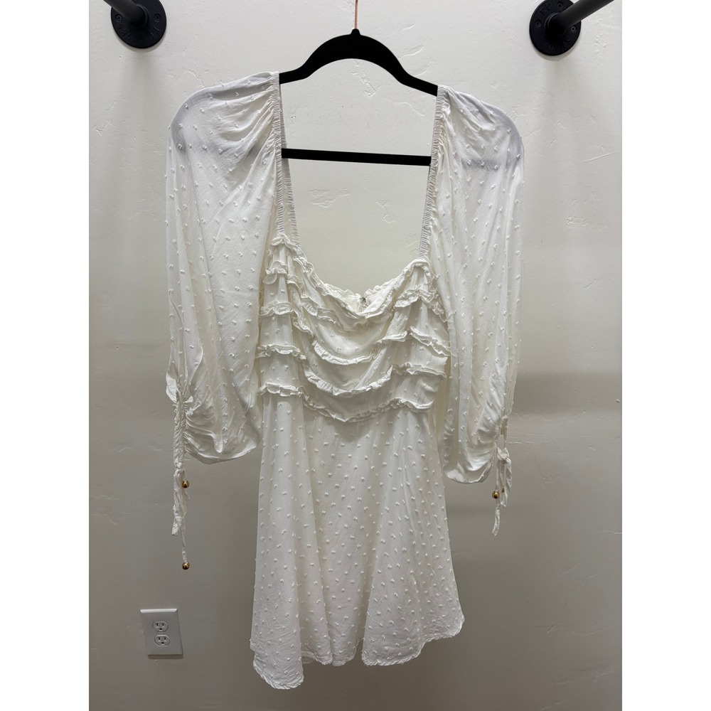Hello Molly White Swiss Dot Ruffle Mini Dress Long Sleeve Medium 8 Boho cottagec